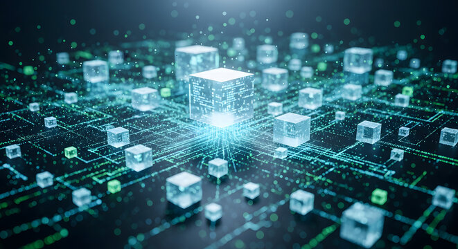 Abstract digital network of glowing cubes and interconnected lines, representing data flow and technological innovation - Powered by Adobe
