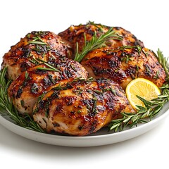 Four Grilled Chicken Thighs with Rosemary and Lemon on photo White Plate lemon slice herbs