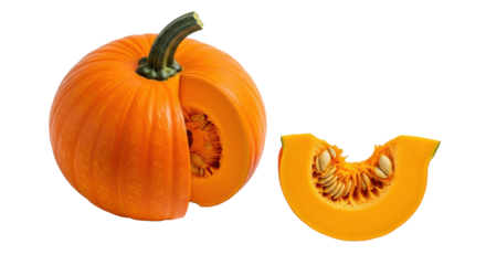 Vibrant orange pumpkin with a dark green stem and a wedge-shaped slice showing rich orange flesh, transparent seeds, against transparent studio background, concept of natural health and