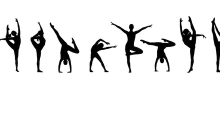 Stark black abstract human silhouettes in dynamic agile poses against a pristine transparent studio background with ample copy space, conveying corporate agility and balance concept