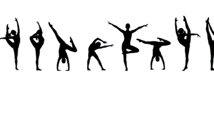 Stark black abstract human silhouettes in dynamic agile poses against a pristine transparent studio background with ample copy space, conveying corporate agility and balance concept