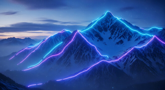 Neon Trails Illuminating Snowy Mountain Peaks Under a Twilight Sky