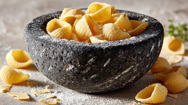 Raw shell pasta in a rustic stone bowl on a textured surface. - Powered by Adobe