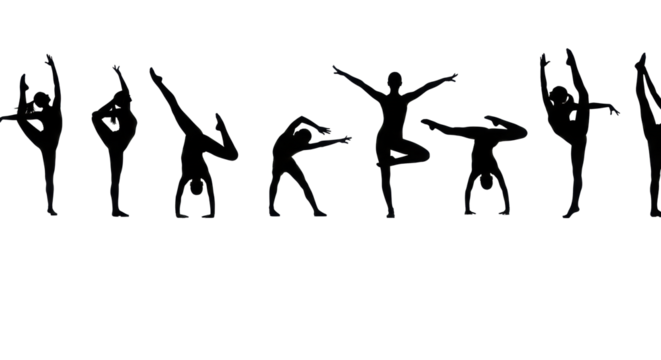 Stark black abstract human silhouettes in dynamic agile poses against a pristine transparent studio background with ample copy space, conveying corporate agility and balance concept