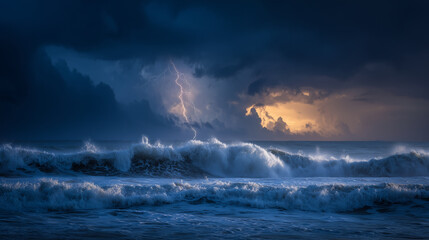 Dramatic storm waves with lightning strike dark ocean