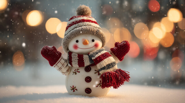 Cute snowman with scarf in snowy winter lights