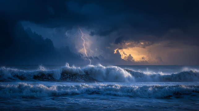 Dramatic storm waves with lightning strike dark ocean