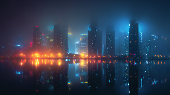 Foggy night city skyline with glowing blue and orange lights