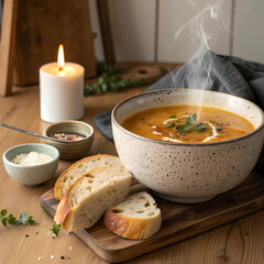 Warm Comforting Soup Served with Fresh Bread and Candlelight Ambiance