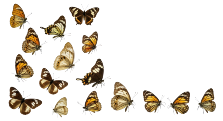 Twelve distinct butterfly species, intricate wing patterns, vibrant colors, elegantly arranged on a transparent studio background, copy space. Natural innovation concept