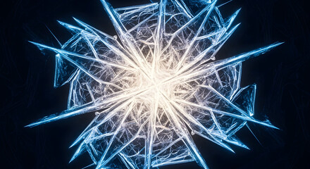 Mesmerizing abstract glowing starburst, a complex digital fractal art piece showcasing intricate crystalline patterns radiating blue and white futuristic energy and technology