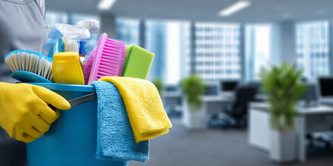 Workplace hygiene tools cleaning supplies arrangement