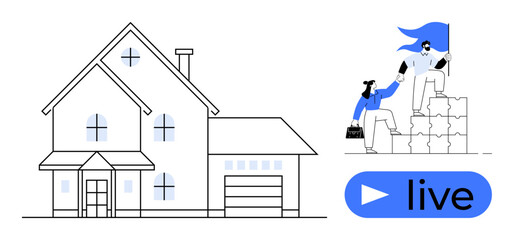Two-story house, teamwork on blocks with leadership flag, and blue live video button. Ideal for teamwork, leadership, technology, real estate, innovation streaming collaboration. A simple flat