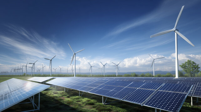 Wind turbines and solar panels renewable energy landscape - Powered by Adobe