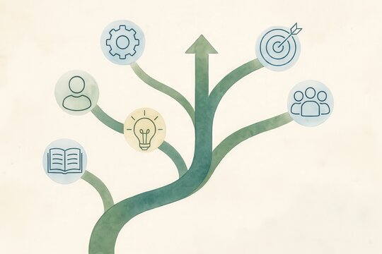 Conceptual framework illustrating growth and development through interconnected icons representing personal achievement, innovation, partnership, and strategic goals highlighting the journey