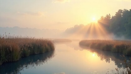 Fototapeta premium Serene marsh landscape at dawn, mist hangs low over still water reflecting the pale sky, reeds sway gently in the breeze A tranquil scene of untouched nature , sky, stillness, environment