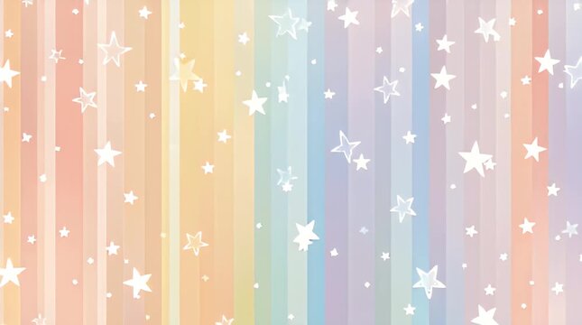 A pastel vertical striped background with varying hues of a rainbow and white star doodles in assorted sizes for a whimsical look