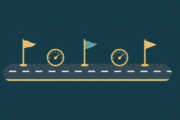 Visual metaphor for progress and achievement with flags and speedometers symbolizing milestones and measurements on a dark blue background embodying strategic planning and development