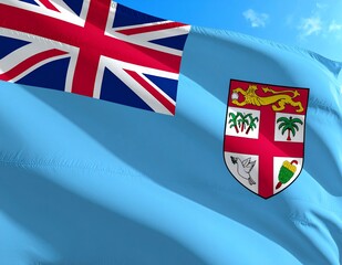 Fiji Flag Waving Proudly in the Wind with Blue Sky Background.