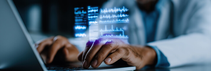 Doctor using laptop displaying holographic medical data and health analytics.