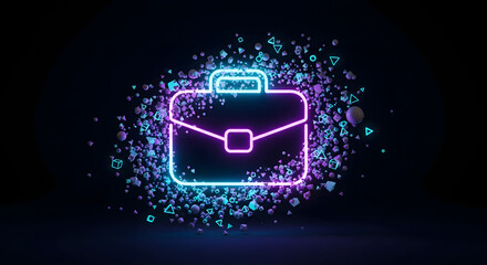 Digital Business and Finance Concepts Neon Briefcase Icon with Abstract Particles