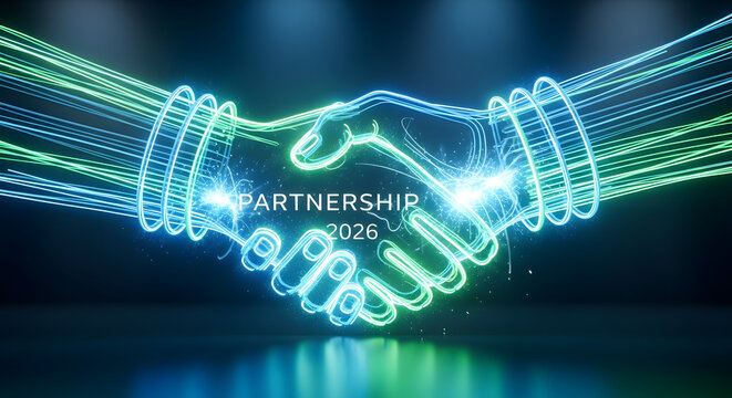 Futuristic technology concept with a virtual handshake representing a digital deal and global connection - Powered by Adobe