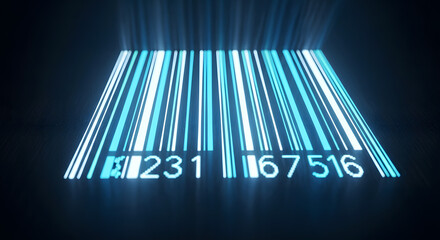 Futuristic glowing blue barcode illuminated by bright scanning light rays, representing efficient digital data processing, modern product identification, and advanced technological solutions