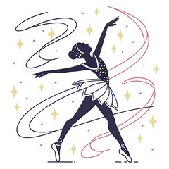 Elegant ballerina silhouette in graceful pose with flowing ribbons and sparkling stars on a white background ©  AMINA 1122