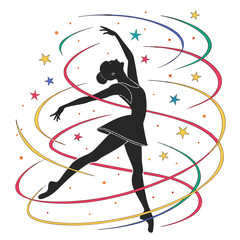 Silhouette of a graceful ballerina performing a dynamic dance with colorful swirling ribbons and sparkling stars ©  AMINA 1122