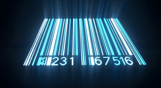 Futuristic glowing blue barcode illuminated by bright scanning light rays, representing efficient digital data processing, modern product identification, and advanced technological solutions