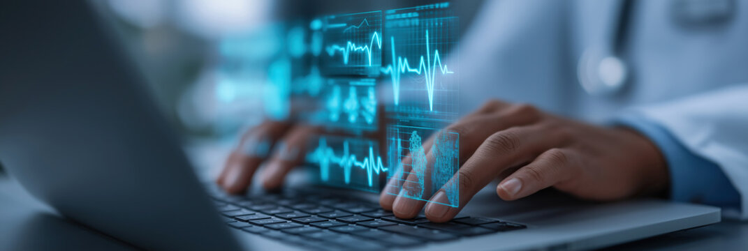 Medical professional analyzing digital health data and waveforms on laptop.