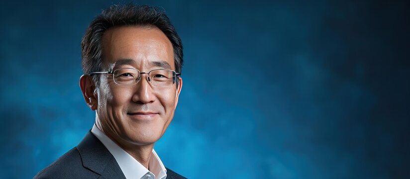 Headshot of a smiling Asian man in a dark suit and glasses against a blurred blue background.  He appears professional and approachable