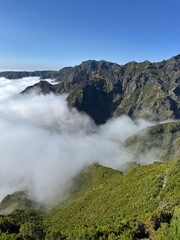 Madeira Peaks (Macico Central) over clouds from Pico Ruivo on sunset. Madeira island, Portugal

