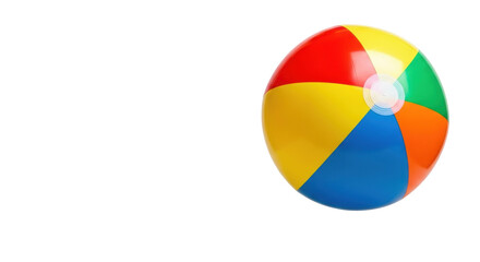 A classic inflatable beach ball with vibrant red, yellow, green, orange, blue panels and a white plug, suspended mid-air on a transparent background with copy space, symbolizing summer fun and playful