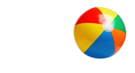 A classic inflatable beach ball with vibrant red, yellow, green, orange, blue panels and a white plug, suspended mid-air on a transparent background with copy space, symbolizing summer fun and playful