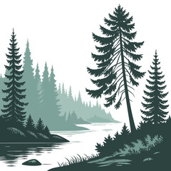 Serene evergreen forest landscape with a calm river flowing through misty mountains and trees ©  AMINA 1122