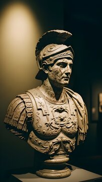 Stone bust of a Roman general with armor, scratches and aging stone texture, warm dramatic spotlight, museum display mood