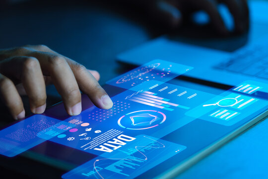 Abstract illustration of dashboard interface visualizing big data analytics, the foundation of future digital technologies for data science, business intelligence, machine learning, and innovation.