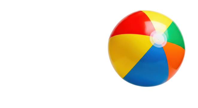 A classic inflatable beach ball with vibrant red, yellow, green, orange, blue panels and a white plug, suspended mid-air on a transparent background with copy space, symbolizing summer fun and playful