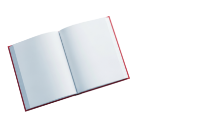 Pristine open hardcover book with bright white blank pages and sophisticated matte red cover, on a minimalist white desk, clean studio flat lay shot, concept of new beginnings and potential