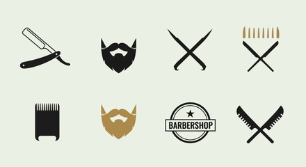 Barbershop logo set with razor, beard, comb and other related objects