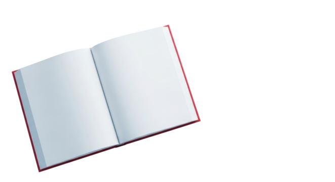 Pristine open hardcover book with bright white blank pages and sophisticated matte red cover, on a minimalist white desk, clean studio flat lay shot, concept of new beginnings and potential