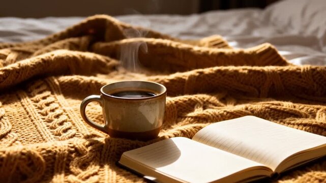 cozy blanket, cup of coffee, open notebook on bed, warm cozy morning scene, perfect for world introvert day