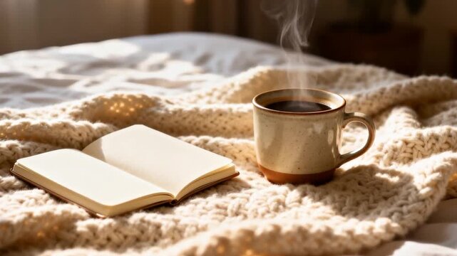 cozy blanket, cup of coffee, open notebook on bed, warm cozy morning scene, perfect for world introvert day