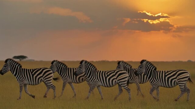 Herd of zebras walking across a grassy savanna at sunset with sunbeams breaking through clouds