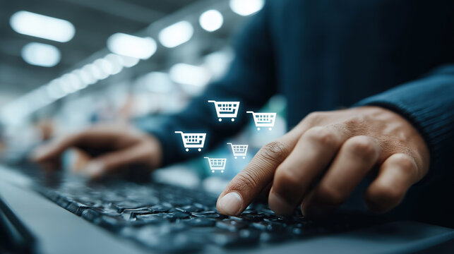 Shopper types order details while multiple shopping cart icons appear.