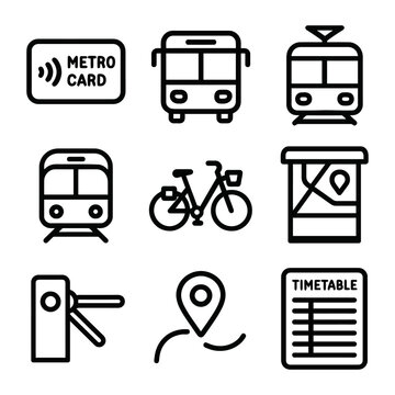 Public transportation icons: bus, tram, metro card, bicycle, map, timetable.