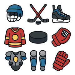 Hockey equipment collection: helmet, sticks, skates, puck, jersey, gloves, pads.