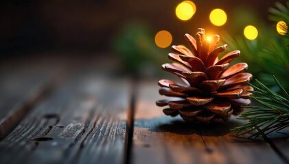 Warm, inviting glow of a pine cone illuminated by soft light, casting gentle shadows on a rustic wooden surface Perfect for holiday, nature, or cozy themes , brown, cozy