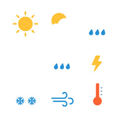 Weather icons set featuring sun, clouds, rain, lightning, snowflakes, wind, and temperature.